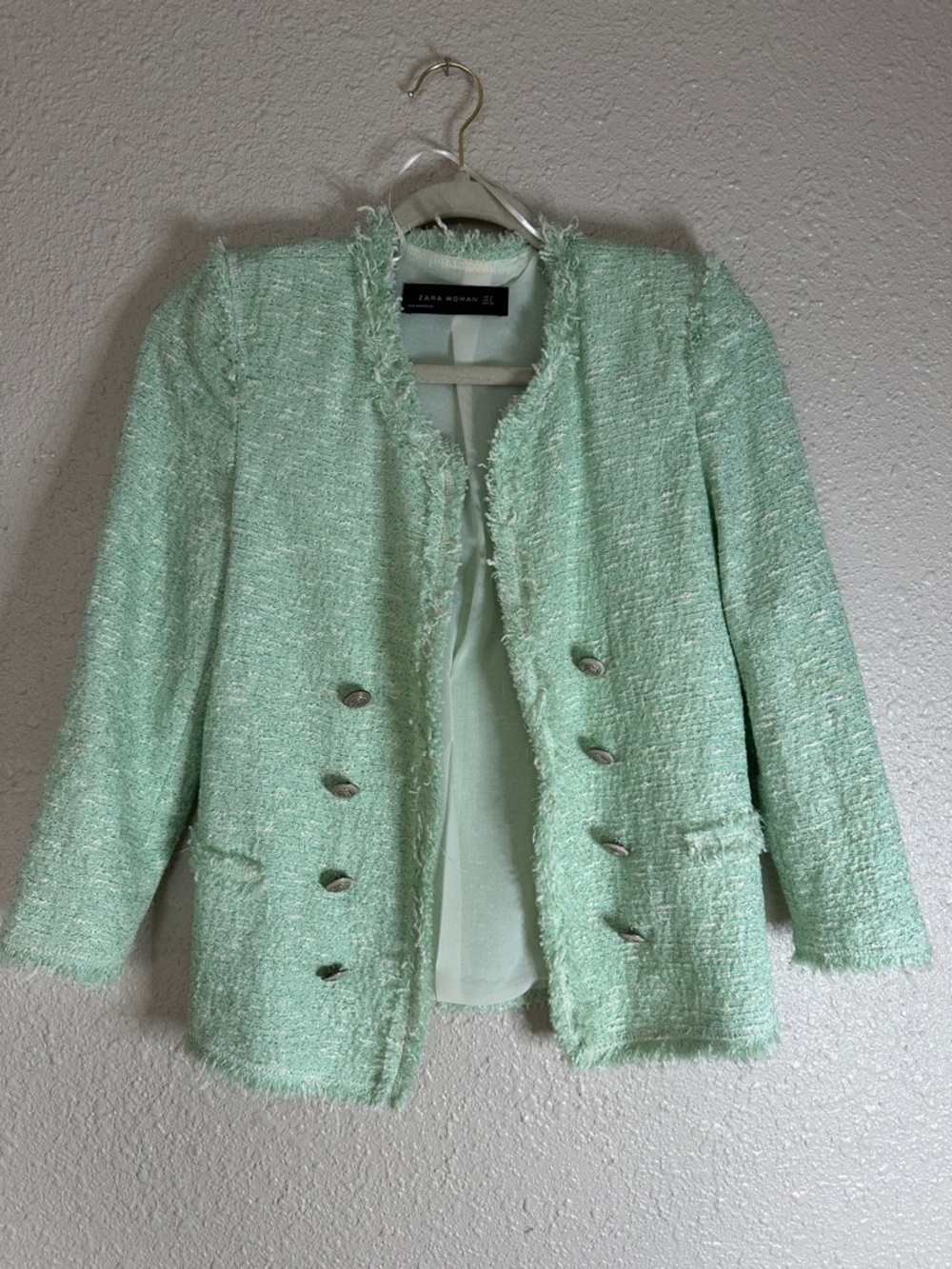 Zara Mint Bouclé Fringe Double-Breasted Blazer Jacket
